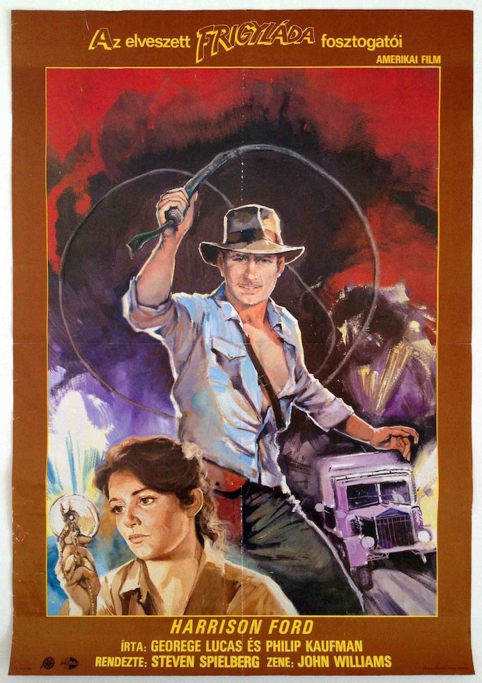 Indiana Jones - Raiders of The Lost Ark: 1985. 58,4 x 83 cm. 22,8 x 32,7 in. Paper, offset. Vintage Hungarian first release movie poster for George Lucas's and Steven Spielberg's first Indiana Jones movie, featuring Harrison Ford.