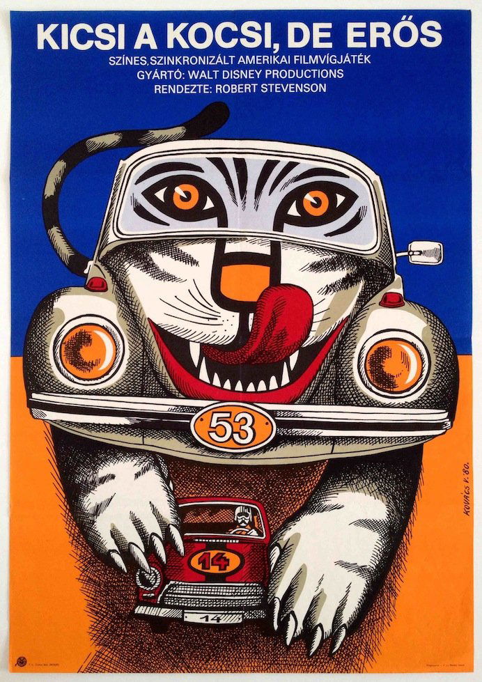 The Love Bug: Artist: Kovacs, Vilmos. 1980. 59,8 x 84 cm. 23,2 x 33 in. Paper offset. Vintage Hungarian first release movie poster. A race car driver becomes a champion with a Volkswagen Beetle (Herbie) with a mind