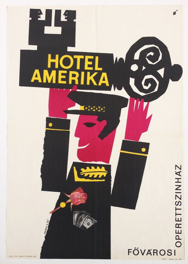 Hotel America. Capital Operett Theatre: Artist: Kovacs, Vilmos. 1965. cca. 70 x 50 cm. Vintage poster. Paper, offset. Decorative paper cut poster by Vilmos Kovacs. "Hotel Amerika" was a play written by Geza Baroti and Tamas Garai. The poste
