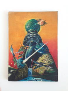 Star Wars: A New Hope painted poster artwork: From Helenyi, Tibor's estate. 1979. 42,5 x 30 cm. Oil on canvas. Painted poster artwork for the first piece from Tibor Helenyi's famous Star Wars Hungarian poster series. The poster is one of the