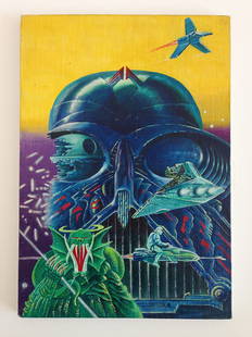 Star Wars: Return of the Jedi painted poster artwork: From Helenyi Tibor's estate. 1984. 42,5 x 30 cm. Oil on canvas. Painted poster artwork for the Hungarian poster of the famous Star Wars episode, Return of the Jedi.The poster is one of the emblematic