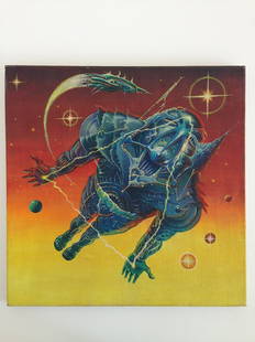 Alien painted poster artwork: From Helenyi, Tibor's estate. 1981. 50 x 50 cm. Oil on canvas. Hungarian poster design for Ridley Scott's science fiction horror film, Alien. The film was directed by Ridley Scott and starring Tom