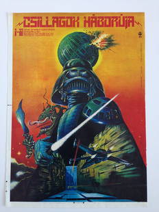 Star Wars: A New Hope movie poster: From Helenyi, Tibor's estate. 1979. cca. A2 Half Sheet (59 x 42 cm). The first piece from Tibor Helenyi's famous Hunarian Star Wars poster series. The painted compositions reflect the movie's world, h