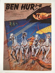 Ben Hur movie poster: From Helenyi, Tibor's estate. 1982. A0 Two Sheet (cca. 119 x 84 cm). Hungarian vintage poster. The poster depicts an image of a horse-riding scene and handwritten-like text beside it as if what we