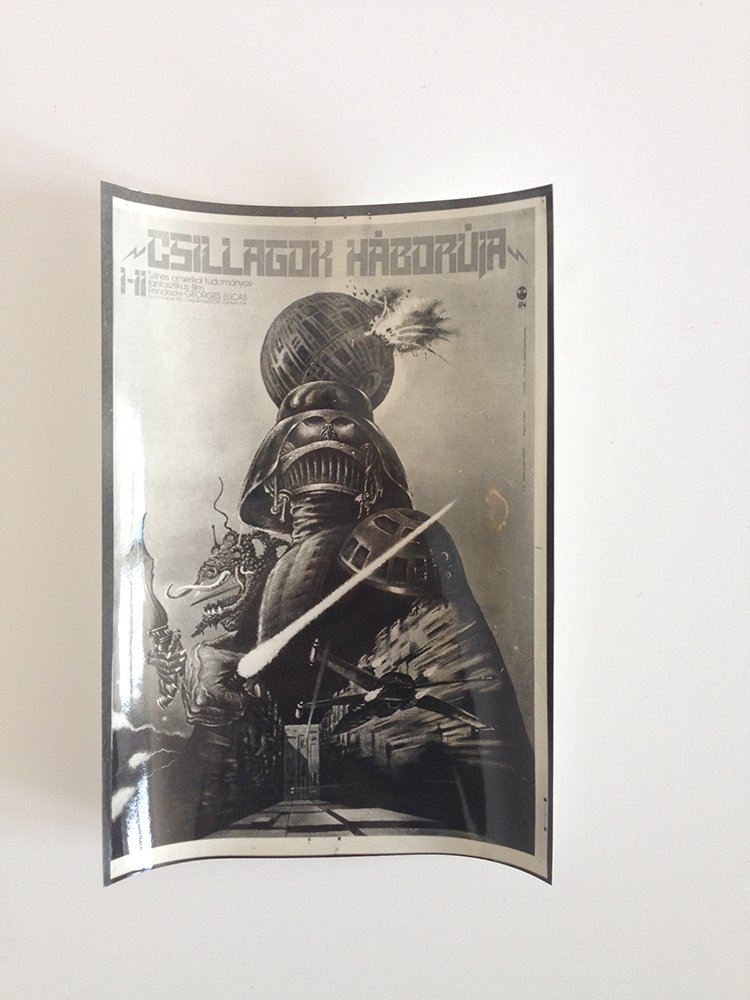 Vintage black & white photo of the Hungarian Star Wars:: From Helenyi, Tibor's estate. 1979. 18 x 13 cm. Photo of Tibor Helenyi's famous poster for Star Wars Episode IV: A New Hope. Star Wars (later retitled Star Wars Episode IV: A New Hope) is a 1977 Ameri