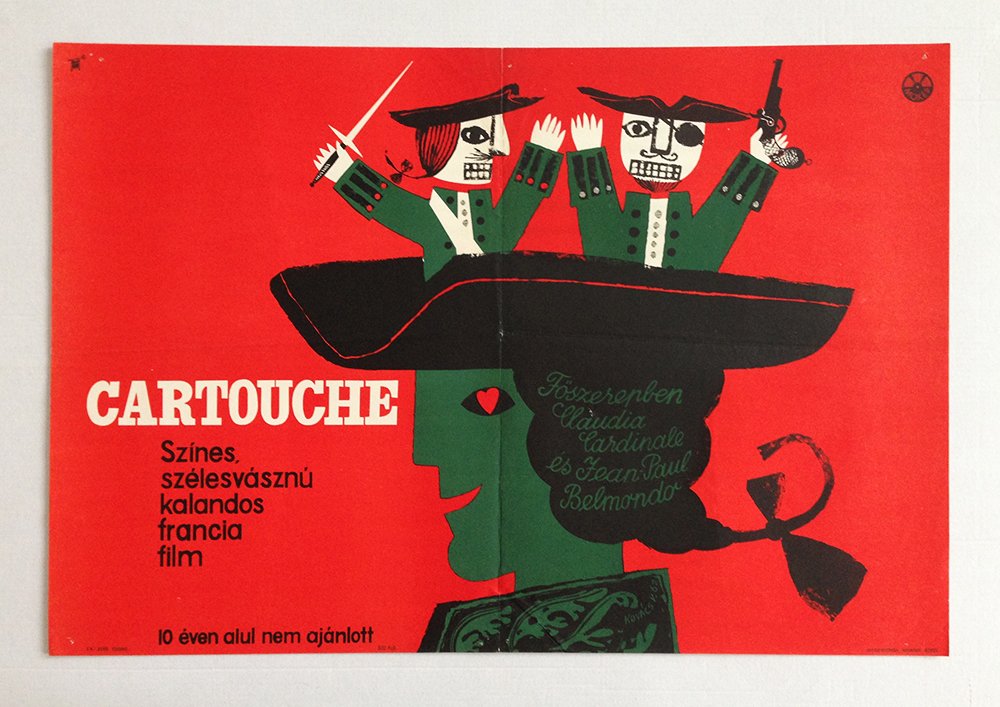 Cartouche movie poster: Kovacs, Vilmos. 1962. A2 1/2 Sheet (cca. 42 x 59 cm). Landscape format. The poster shows an impressive paper-cut and painted composition that is defined by strong contrasts of the colours. The decorat