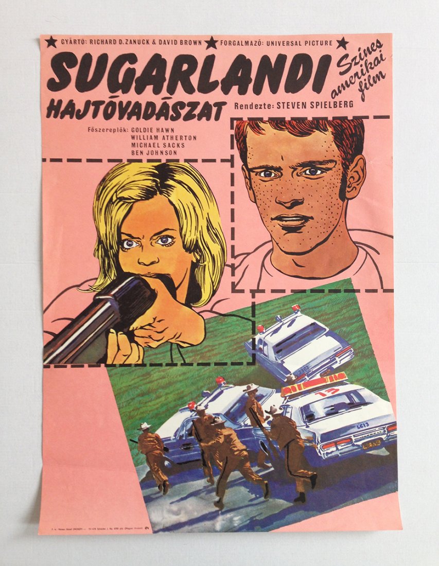 Sugarland Express, The movie poster: Unknown artist. 1977. First release. A2 1/2 sheet (cca. 39 x 56 cm) vintage, film, Hungary, Hungarian, Budapest, 1970s, steven spielberg, Goldie Hawn, Ben Johnson, crime, drama, gun, police car, autom