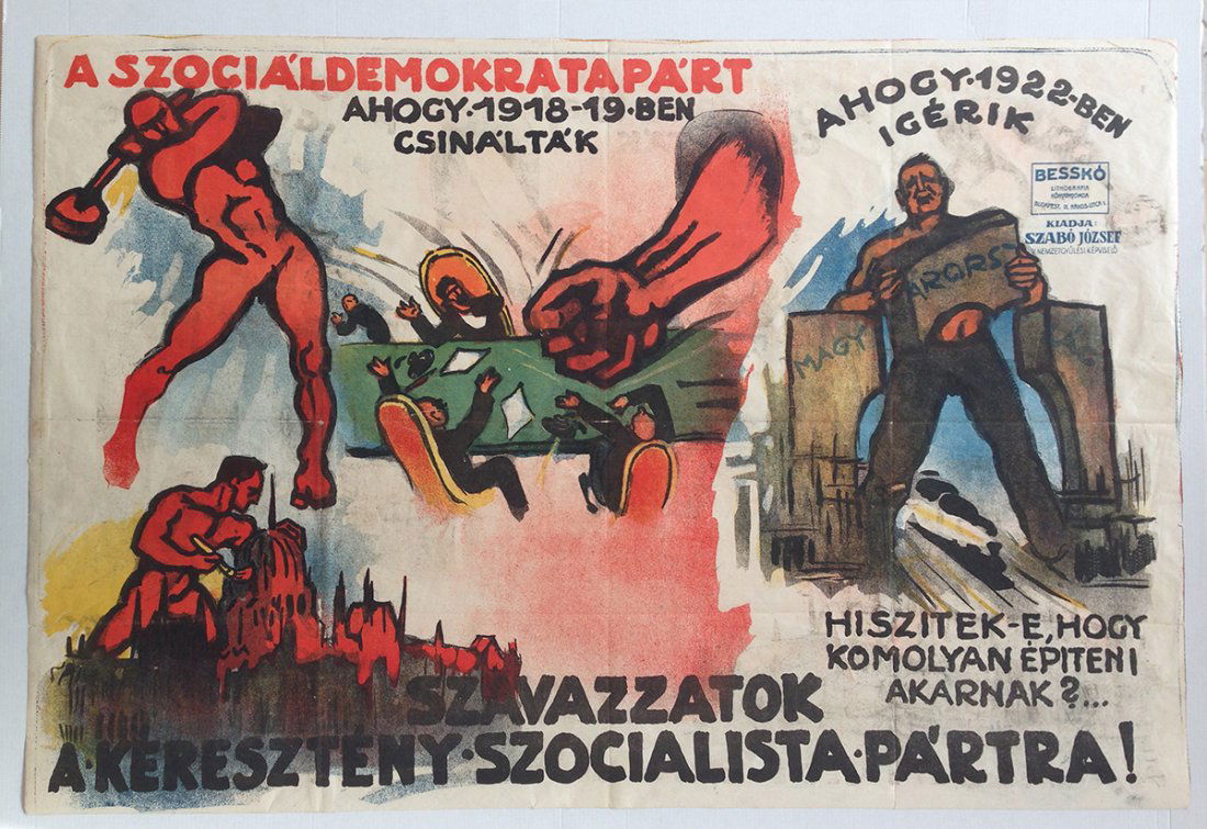 Vote for the Christian-Socialist Party! vintage poster: Unknown artist. 1922. Pre-War 1 Sheet (cca. 95 x 63 cm). Anti-communist election propaganda poster. The poster utilizes famous Mihaly Biro designs for social democratic posters to rally against the So