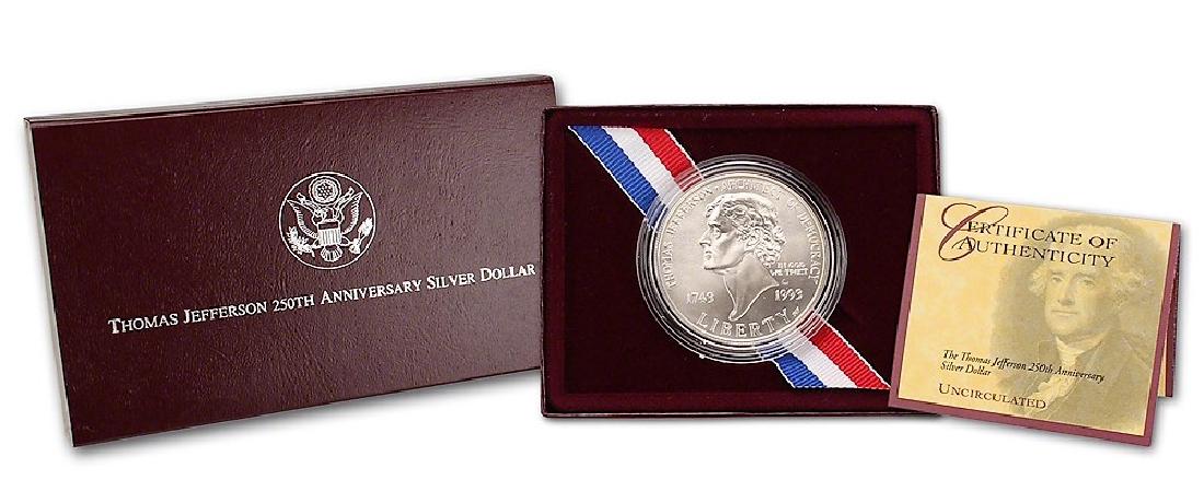 1993 P Thomas Jefferson 250TH Anniversary Silver Dollar: 1993 Thomas Jefferson Silver Dollar Mint: Philadelphia .900 Silver Weight: 26.730 grams Obv. Rendering of Gilbert Stuart Medallion Portrait of Thomas Jefferson Rev. Rendering of Monticello