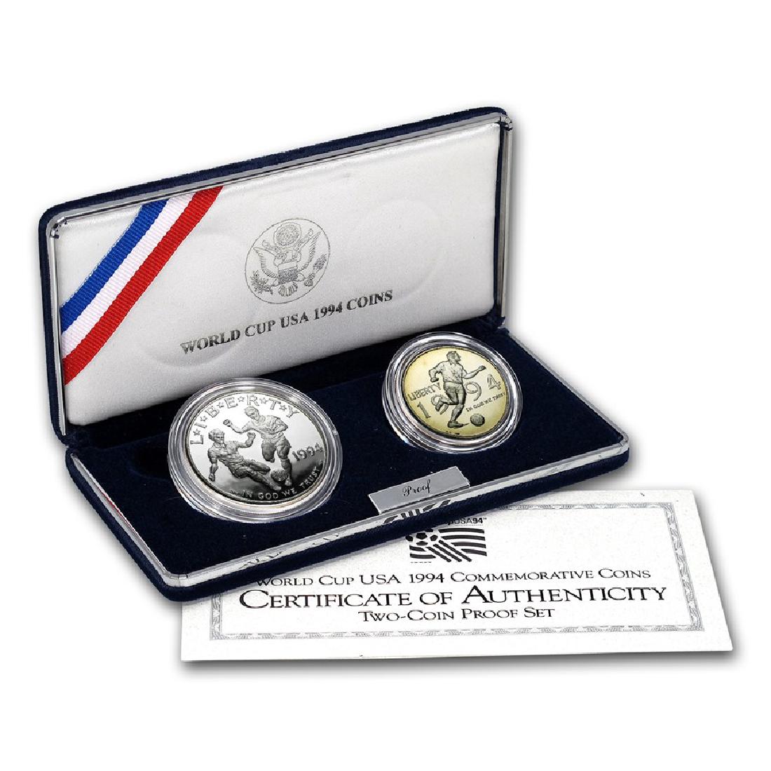 1994 World Cup USA 2 Coin Deep Cameo Proof Set: 1994 World Cup USA 2 Coin Deep Cameo Proof Set : Silver Dollar, Mint: San Francisco 90% Silver Obv. Two Scoccer players compeating for the ball Rev: World Cup USA 1994 LOGO flanked by Laurel Branches