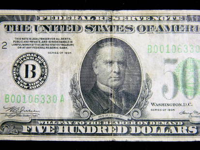 Rare $500 Fed Res. Note Series 1934 District B-2 Great: Rare $500 Fed Res. Note Series 1934 District B2 New York Obv. Plate No. J1 : Rev. 5 : S/N B00106330A Signatures: William A. Julian : Henry Morgenthau Jr. Rev. Decrotive Design and Denomination Portrai