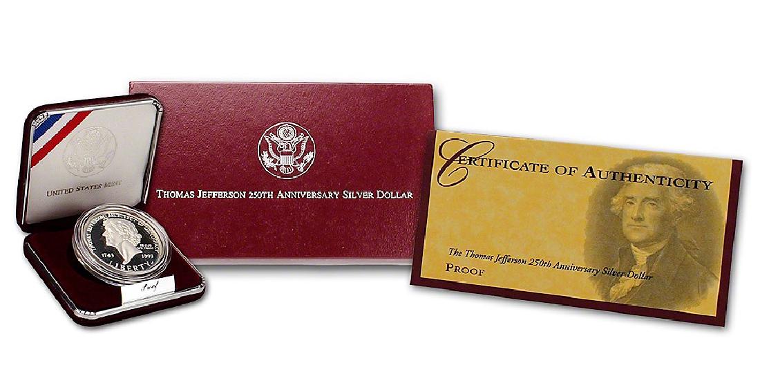 1993 S Thomas Jefferson 250TH Anniversary Deep Cameo: 1993 S Thomas Jefferson Silver Dollar Mint: San Francisco.900 Silver Weight: 26.730 grams Obv. Rendering of Gilbert Stuart Medallion Portrait of Thomas Jefferson Rev. Rendering of Monticello