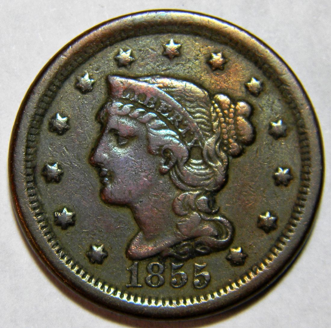 1855 Upright 5's Large Cent, Braided Hair, Very Fine (1 of 2)