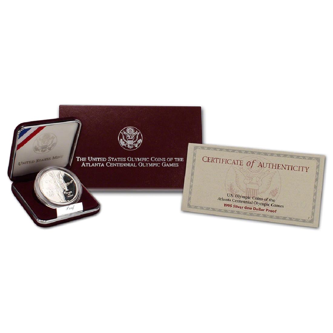 1995 P Atlanta 100th Anniv. Olympic Gymnatics Deep: 1995 P Atlanta 100th Anniv. Olympic Gymnastics Deep Cameo Proof Silver Dollar: designed by James C. Sharpe. Obv. inscriptions include â€œLibertyâ€ the date â€œ1995â€, and â€œIn God W