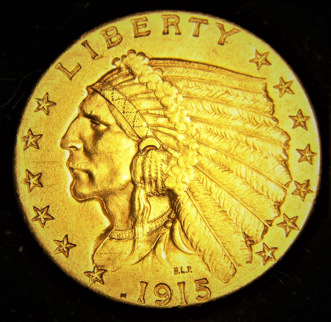 1915 2 1/2 Dollar Gold Indian: 1915 2 1/2 Dollar Gold Indian KM#128 4.1800 Grams 0.900 22k Gold, Designer Bela Lyon Pratt Mintage 606,100 The half eagle and quarter eagle are identical in design, and are unique in American coinage 