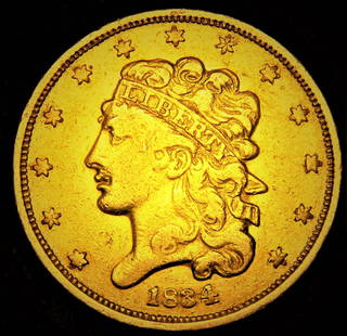 1834 Plain 4 Classic Head No Motto $5 Gold Half Eagle: 1834 Plain 4 Classic Head No Motto $5 Gold Half Eagle: Mint: Philadelphia Mintage: 657,460, Obv. Classic Head Quarter Eagle features a head of Liberty, facing left. She has a much younger appearance