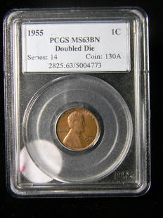 ULTRA RARE 1955 Double Die Lincoln Cent PCGS MS63 BN: 1955 Double Die Lincoln Cent PCGS MS 63 BN Mint: Philadelphia: the 55 Double Die is an extremely popular doubled die variety from the Lincoln Cent series. The obverse design displays a wide spread