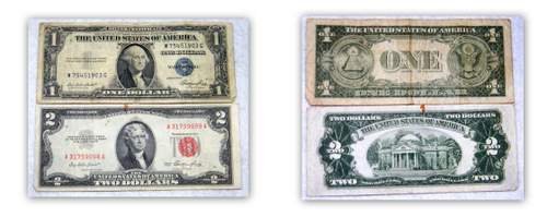 Group Lot Small Size $1 & $2 notes: Features a Series 1935 E Silver Certificate One Dollar Note, and a series 1953 United States Note $2 Dollar