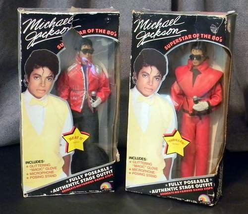 Pair 1984 Superstar of the 80's Michael Jackson Toys: Produced by LJN Toys and licensed MJJ Productions. In original packaging, featuring "thriller" and "beat it". Size: 14 x 7 x 2.5" each.