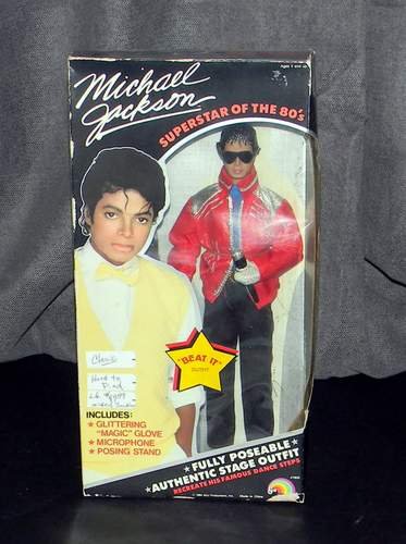 Vintage 1984 Superstar of the 80's Michael Jackson Doll: Produced by LJN Toys and licensed MJJ Productions. In original packaging, featuring "beat it". Size: 14 x 7 x 2.5".