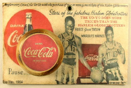 Rare Harlem Globetrotters Coca-Cola Yo-Yo Promotion: Wood Yo-Yo with a "DRINK Coca-Cola IN BOTTLES" label