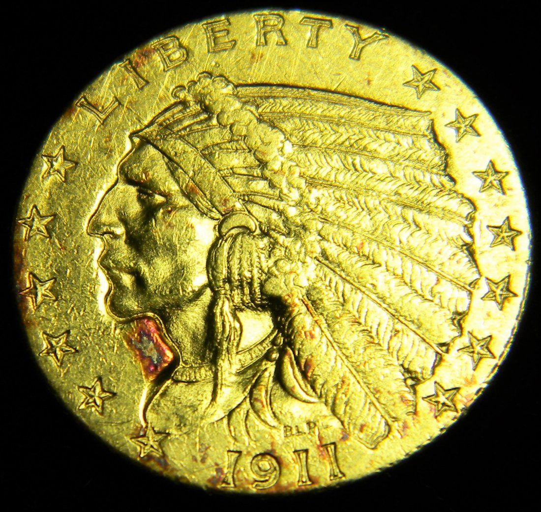 1911 2 1/2 Dollar Gold Indian High Grade: 1911 2 1/2 Dollar Gold Indian KM#128 4.1800 Grams 0.900 22k Gold, Designer Bela Lyon Pratt Mintage 704,191 The half eagle and quarter eagle are identical in design, and are unique in American coinage