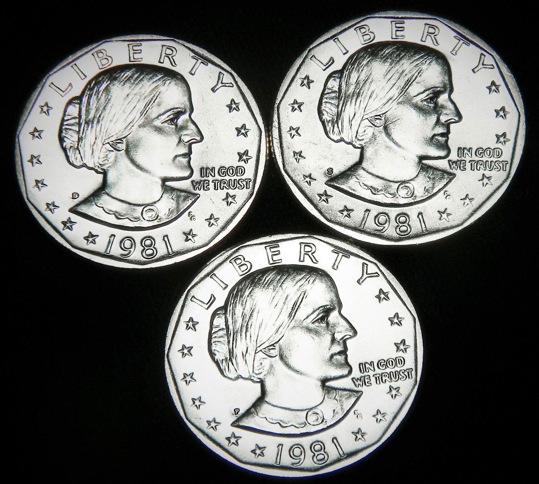 (3) UNC Susan B Anthony Dollars, 1981-P, 1981-D & (1 of 2)