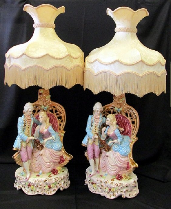 2 Large Capodimonte Couples Lamp w/Victorian Shades
