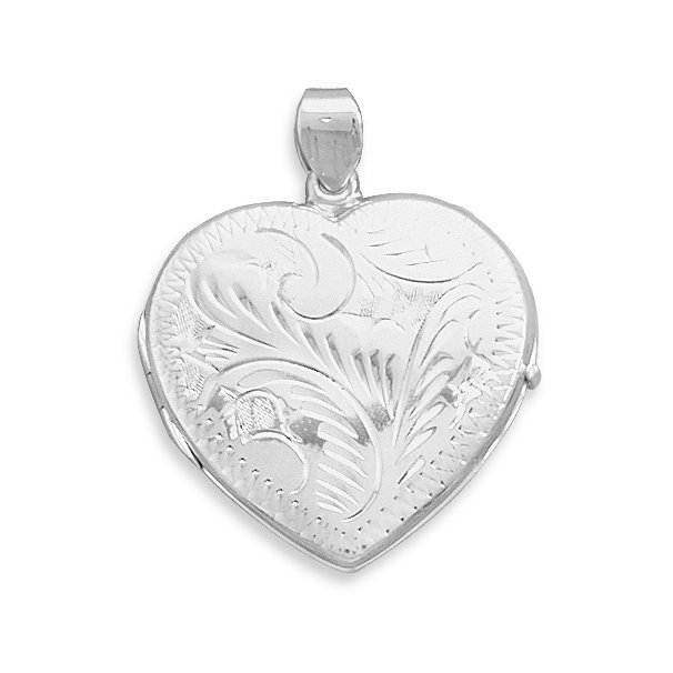 Large Etched Heart Locket: 36x30mm locket holds 2 pictures. .925 Sterling Silver