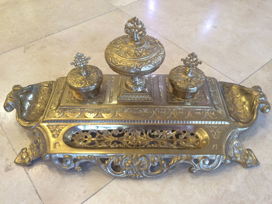 Maitland-Smith Gold Ink Holder Heavy: Maitland-Smith Gold Ink Holder designed and handmade in Thailand. 20 inches long by 8.5 inches deep.