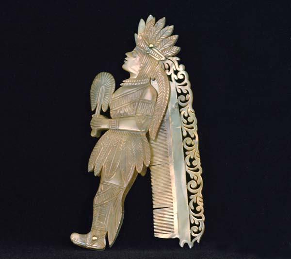1800's Tortoise-Shell Pictorial Comb: Depicts an intricately carved Aztec in full warrior regalia.