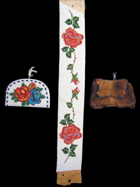 Three Shoshone and Blackfoot Beaded Items: (a) One 4 1/2 x 7 Elk foot medicine pouch, (b) One 4 1/2 x 7 Shoshone beaded purse, (c One 4 1/2 x 31 Shoshone fully-beaded belt