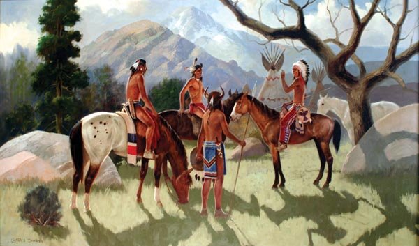 Charles Damrow 36 x 60 Oil on Board: Indians On Horses