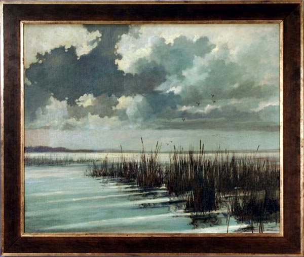 Eric Sloane 24 x 30 Oil on Board: Marsh Scene with Ducks, Signed L/L, Excellent condition