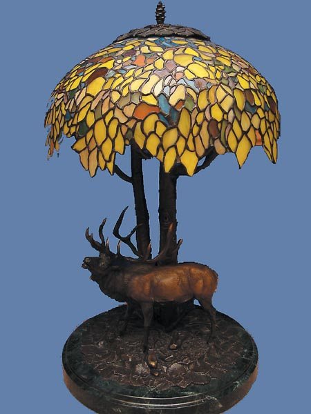 Bill Davis Bronze Lamp: Tiffany-style shade, 32 x 18, highly unusual and quite attractive