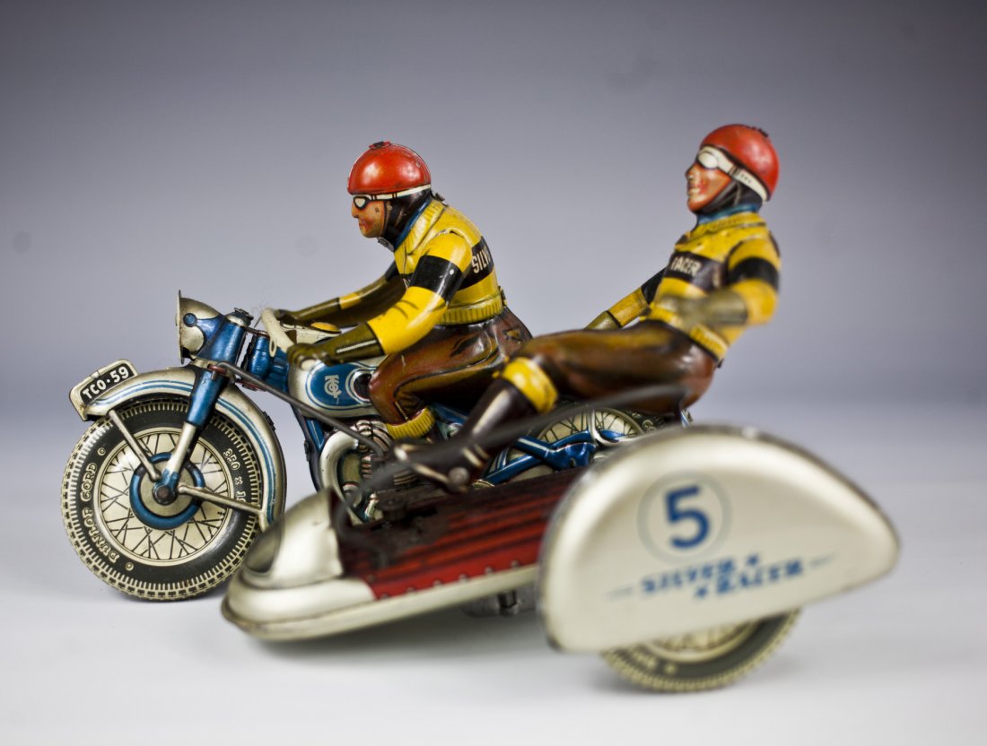Tipp&Co, Sidecar Motorcycle: Tipp&Co, Sidecar Motorcycle, W.-Germany, 20cm, tin, windup ok, minimal paint damage, original box condition with cleft, apart from that condition 2, condition 1-