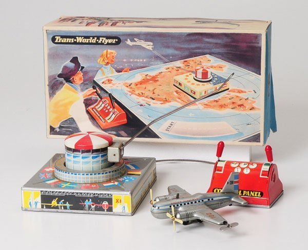 Trans- World fly: Biller, Flying-game 'Trans-World-Flyer' No.100, W.-Germany, tin, windups and functions ok, original box condition 2+, complete with accessory and instruction, condition 1