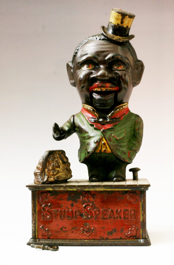Stump Speaker Mechanical Bank Shepard Hardware c 1886: original Shepard Hardware cast iron Stump Speaker mechanical bank cir. 1886.Has its nice original paint.The bottom is cast " PATD JUNE 8 1886,Has its original locking coin door with key