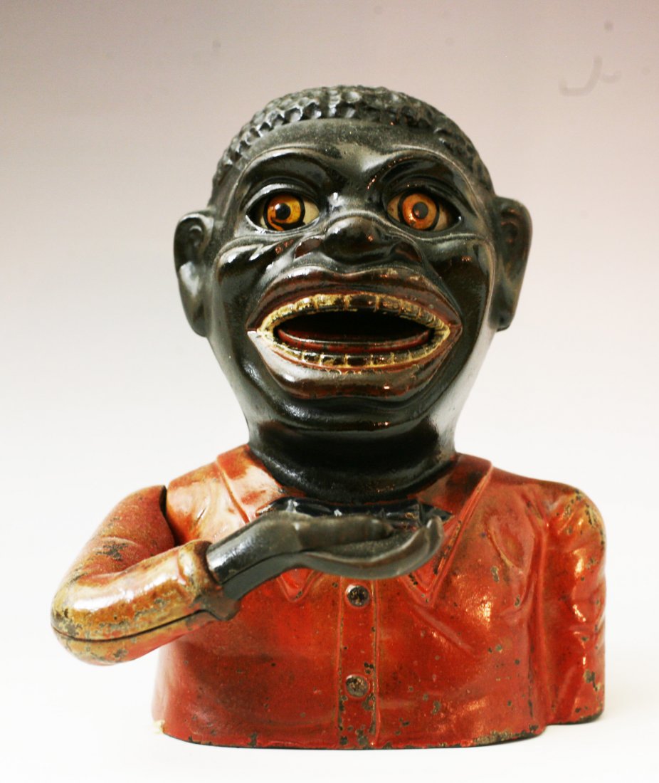 Cast Iron Jolly N Mechanical Bank J & E Stevens c 1882: original J & E Stevens cast iron Jolly N mechanical bank cir. 1882.Has its nice original paint.Bottom cast " MANUFACTURED BY THE J & E STEVENS CO. CROMWELL CONN. U.S.A