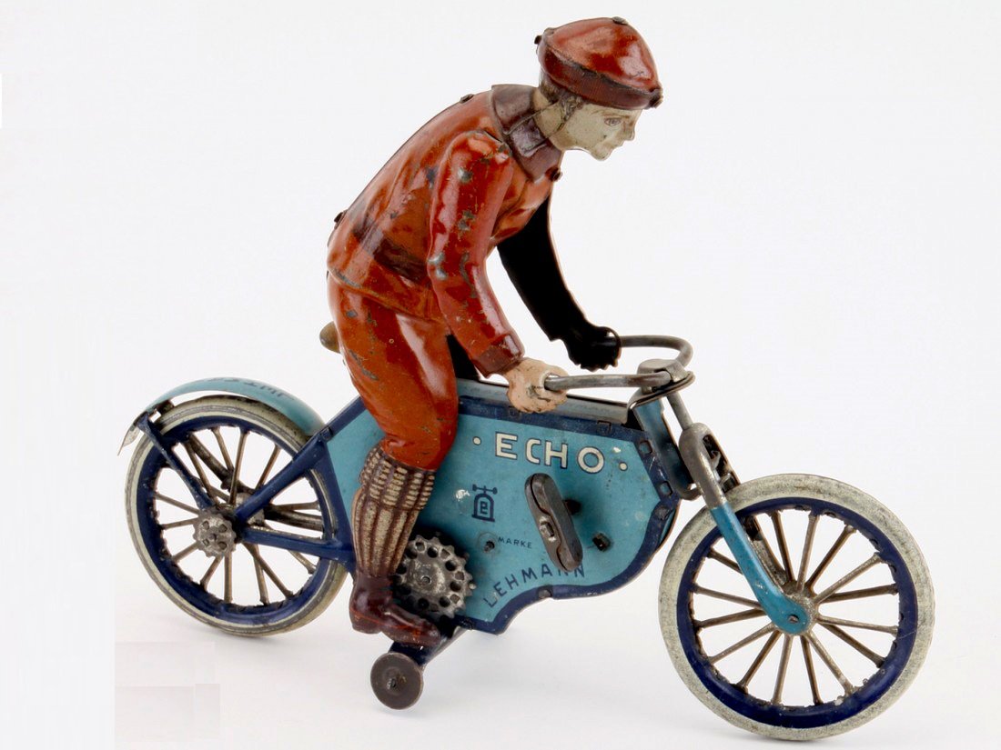 LEHMANN ECHO: Germany, lithographed tin, well detailed toy cyclist on early spoke wheel model, clockwork driven, reads \"Echo\" on both sides. 8 1/2 \"l.
