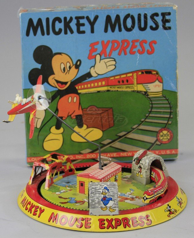 BOXED MICKEY MOUSE EXPRESS: Louis Marx, W.D.P., lithographed tin, circular track features tunnels and bridge, airplane suspended on center hanger, train circles track when key wind is operated.