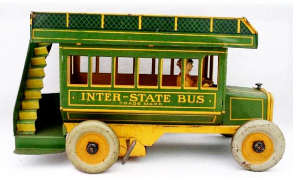 STRAUSS INTERSTATE DOUBLE DECKER BUS: Strauss Interstate Double Decker Bus tin wind up 10 1/2" long