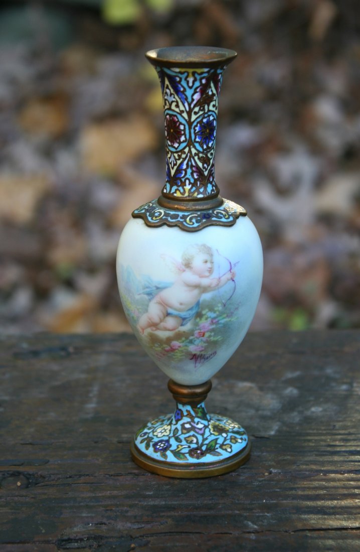 19th C French Sgn. V. Bonn Porcelain Champleve Cabinet: 19th Century French signed V. Bonn Porcelain & champlevÃ© cabinet vase. Decorated on both sides with beautifully detailed cherub with bow & arrow on one side, tambourine, flute, music notes on oppos