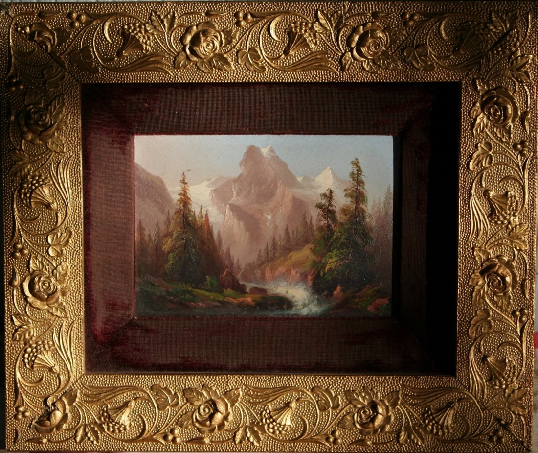 19th Century Hudson River School Oil Painting: Small 19th Century Hudson River School Oil Painting on Paper. Original Gilt-Velvet Lined Frame. Framers Tag on Back FROM J.H. ECKHARDT & CO. ART BAZAAR, HARTFORD CONN. 235 & 237 MAIN ST., ENGRAVINGS-C