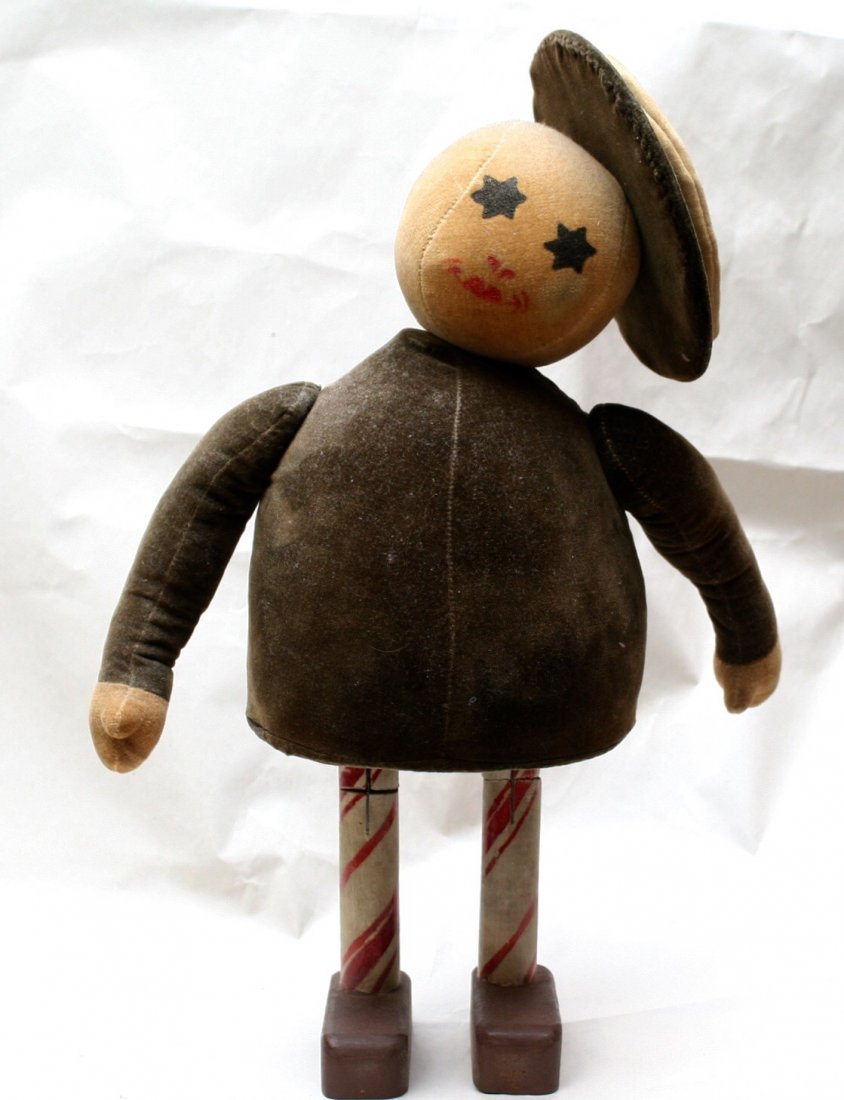 Velveteen Boy Candy Cane Legs Christmas Candy Container: Antique Velveteen Boy Candy Cane Legs Christmas Candy Container. His head is an interesting baseball design with Star of David eyes, disk jointed head & arms, blue & white velveteen beret-head-body, h