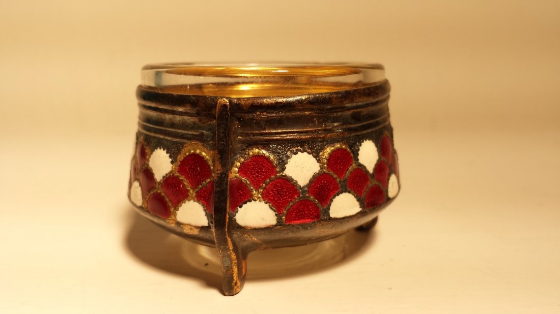 ANTIQUE 800 SILVER ENAMELED SALT CELLAR POLISH: This 1 1/4" red and white enameled salt cellar is 800 silver. TOTAL WEIGHT: 73.2 GREAMS