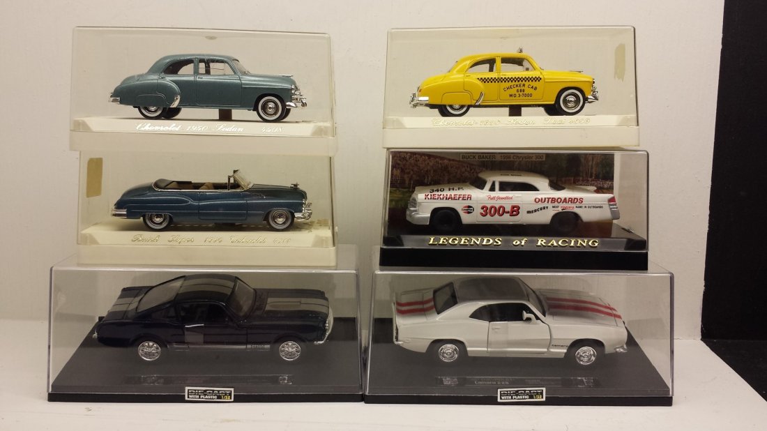 LOT OF 6 HARD CASE SHOW CARS: This lot of 6 features: 1967 Chevy Camaro Z28, 1966 Mustang GT 350(Shelby),1950 Chevrolet Sedan, 1956 Chrysler 300, 1950 Chevrolet Sedan Checkered Cab, 1950 Buick Cabriolet, Each come with their own u