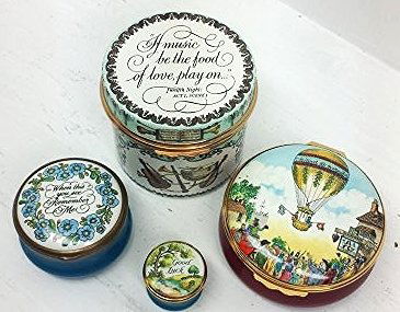 BILSTON & BATTERSEA ENAMELS CLOISONNE BOXES: This is a lot of 4 BILSTON & BATTERSEA ENAMELS CLOISONNE BOXES. Each has there own unique design and saying on each of the boxes , even the smallest. Each of these are mint. The largest box 2in.T. x 2