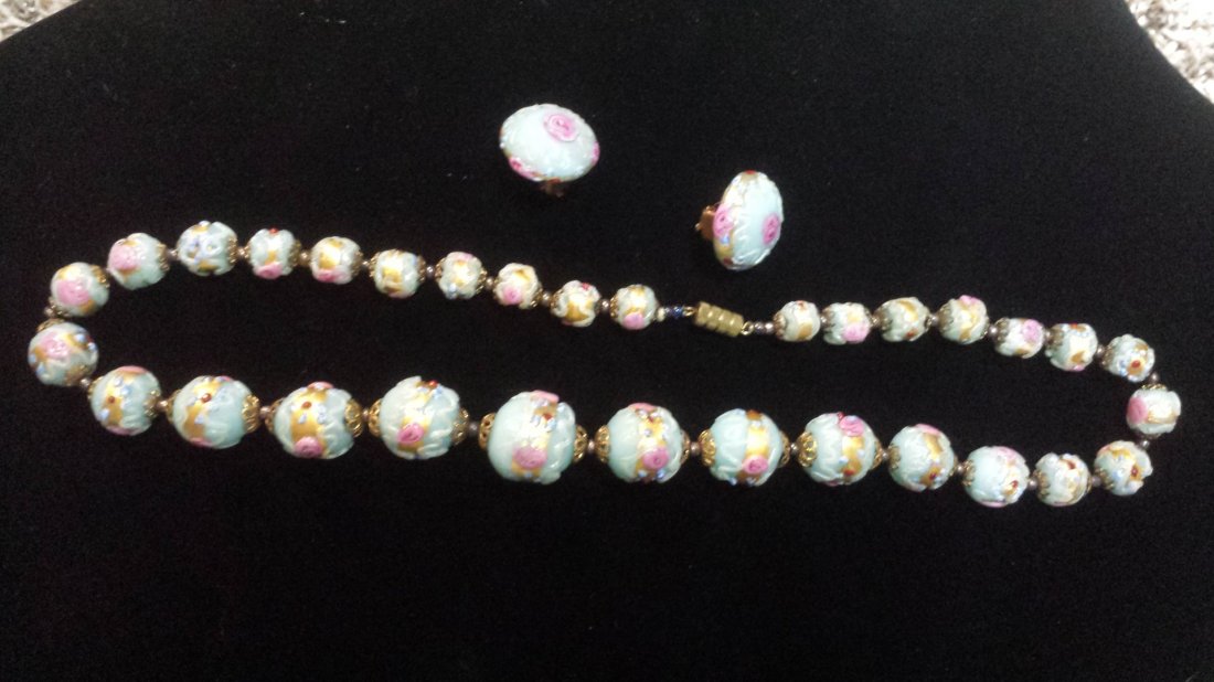VINTAGE ITALIAN GLASS BEADED NECKLACE AND EARRINGS SET: This is a Vintage Italian hand made glass beaded necklace and earrings set. It is hand painted blue colored beads w/ Pink roses and surrounded with gold trim. Earrings are clip on earrings. TOTAL WEIG