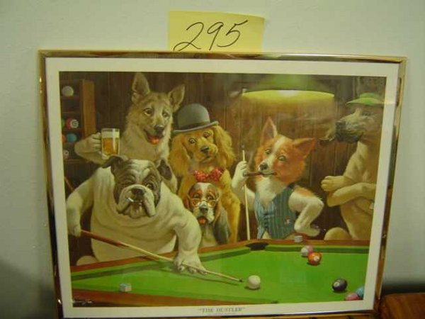 "The Hustler" by Arthur Sarnoff Picture: Famous print is of six dogs playing pool. Black plastic frame, colored print measures 16" x 20". Excellent condition.